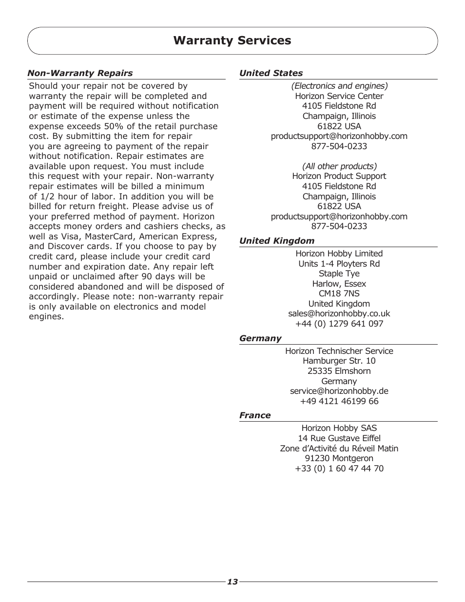 Warranty services | Pro Boat PRB4000BDC User Manual | Page 13 / 16