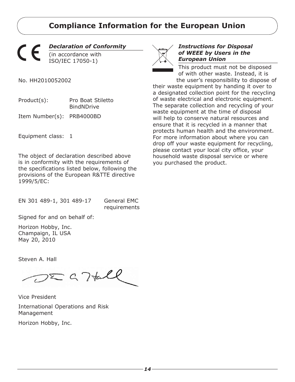 Compliance information for the european union | Pro Boat PRB4000BDC User Manual | Page 14 / 16