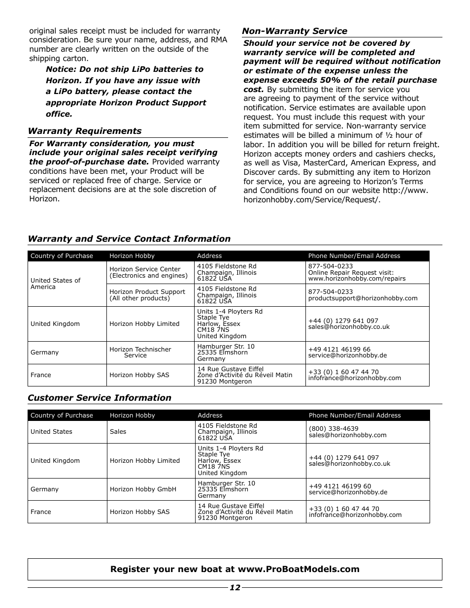 Warranty requirements, Non-warranty service, Warranty and service contact information | Customer service information | Pro Boat PRB4075 User Manual | Page 12 / 16