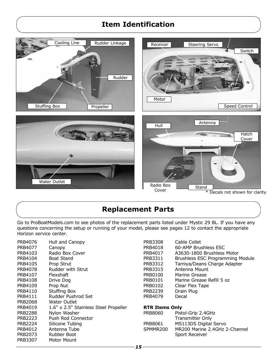 Item identification, Replacement parts | Pro Boat PRB4075 User Manual | Page 15 / 16