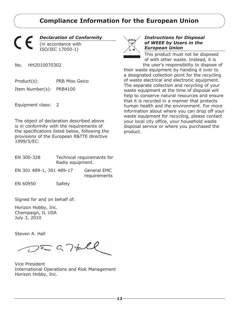 Compliance information for the european union | Pro Boat PRB4100 User Manual | Page 13 / 16