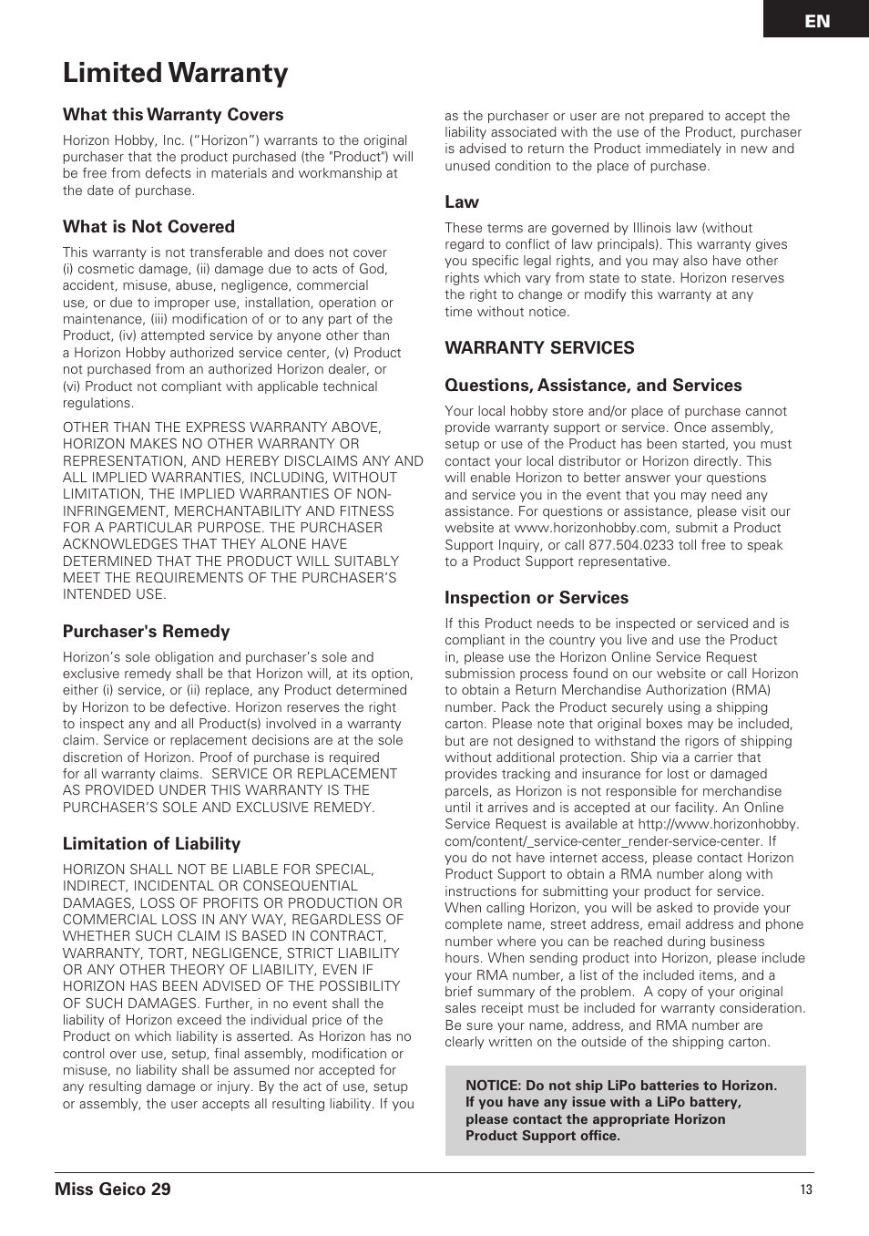 Limited warranty, Miss geico 29, What this warranty covers | What is not covered, Purchaser's remedy, Limitation of liability, Inspection or services | Pro Boat PRB4100B User Manual | Page 13 / 60