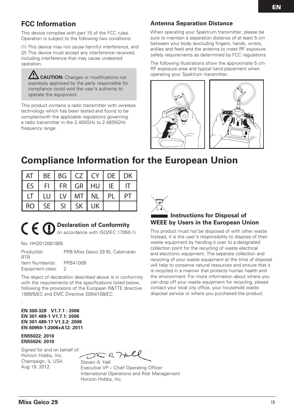 Compliance information for the european union, Fcc information | Pro Boat PRB4100B User Manual | Page 15 / 60