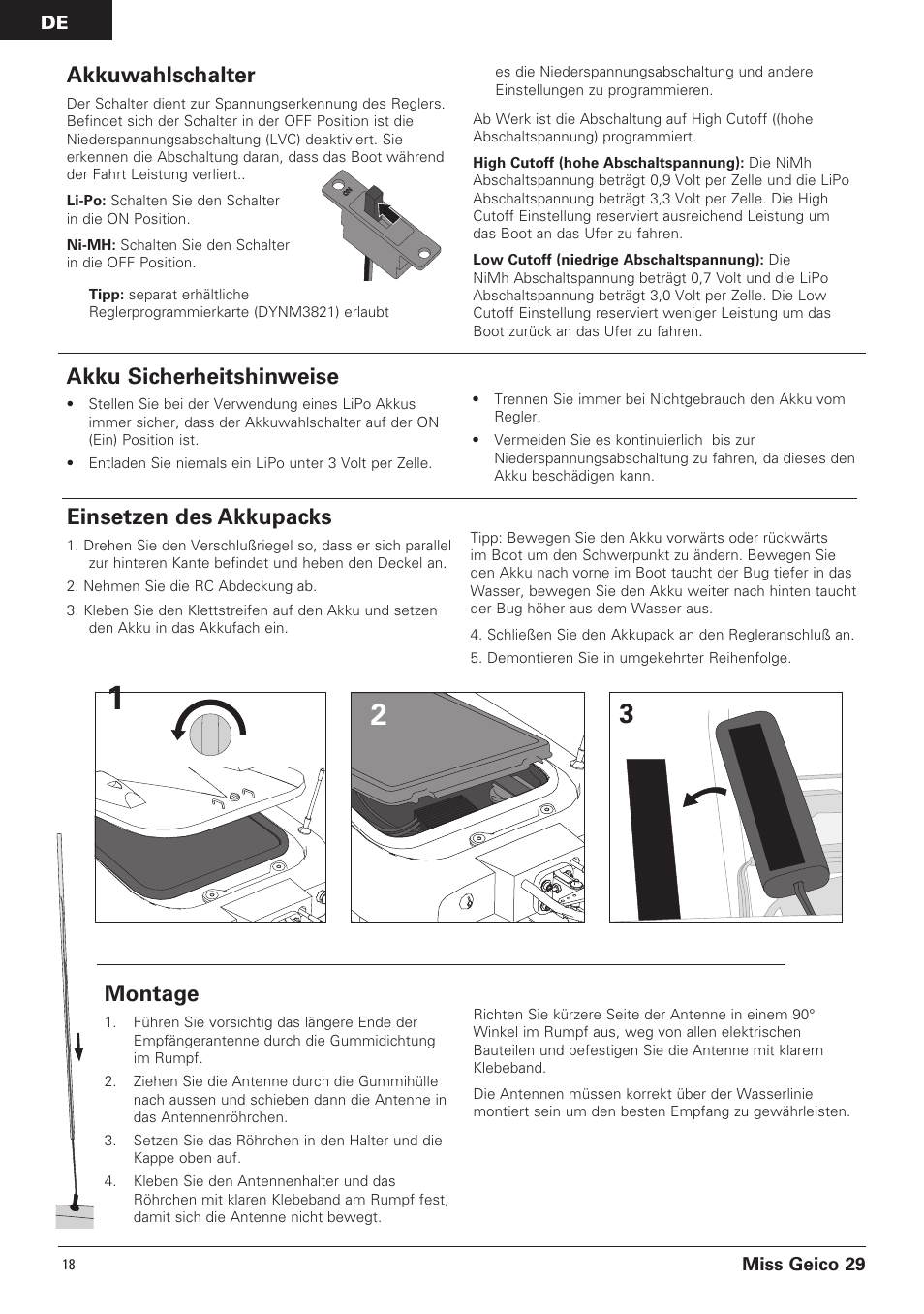 Einsetzen des akkupacks, Akkuwahlschalter, Akku sicherheitshinweise | Montage | Pro Boat PRB4100B User Manual | Page 18 / 60
