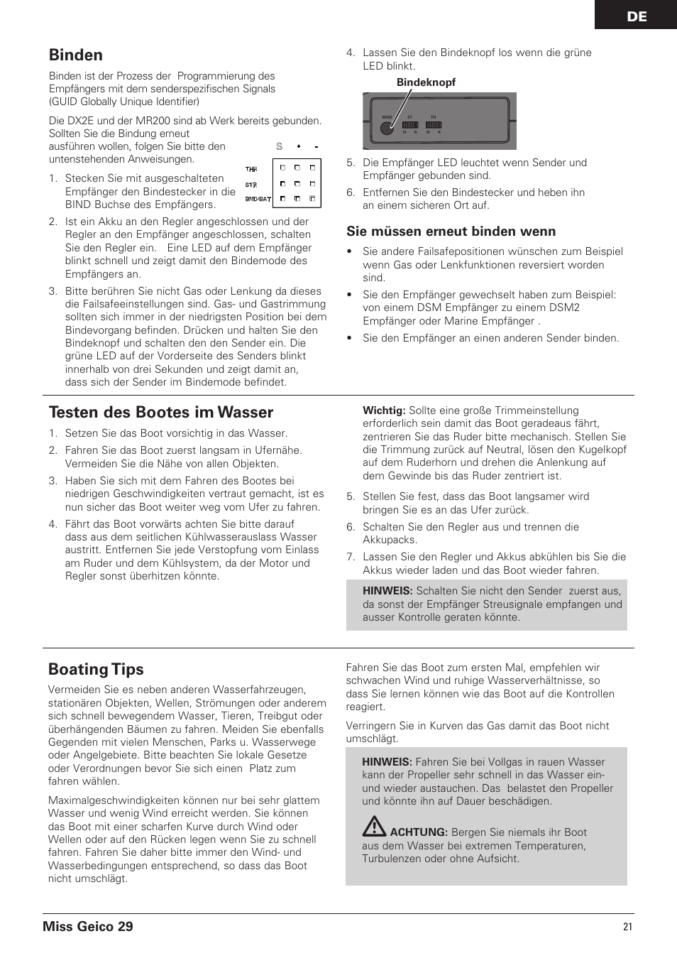 Testen des bootes im wasser, Boating tips, Binden | Miss geico 29, Sie müssen erneut binden wenn | Pro Boat PRB4100B User Manual | Page 21 / 60
