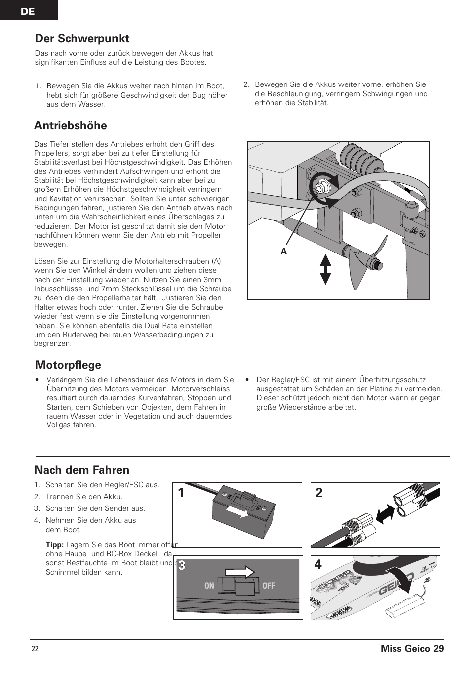 Der schwerpunkt, Antriebshöhe, Nach dem fahren | Motorpflege | Pro Boat PRB4100B User Manual | Page 22 / 60