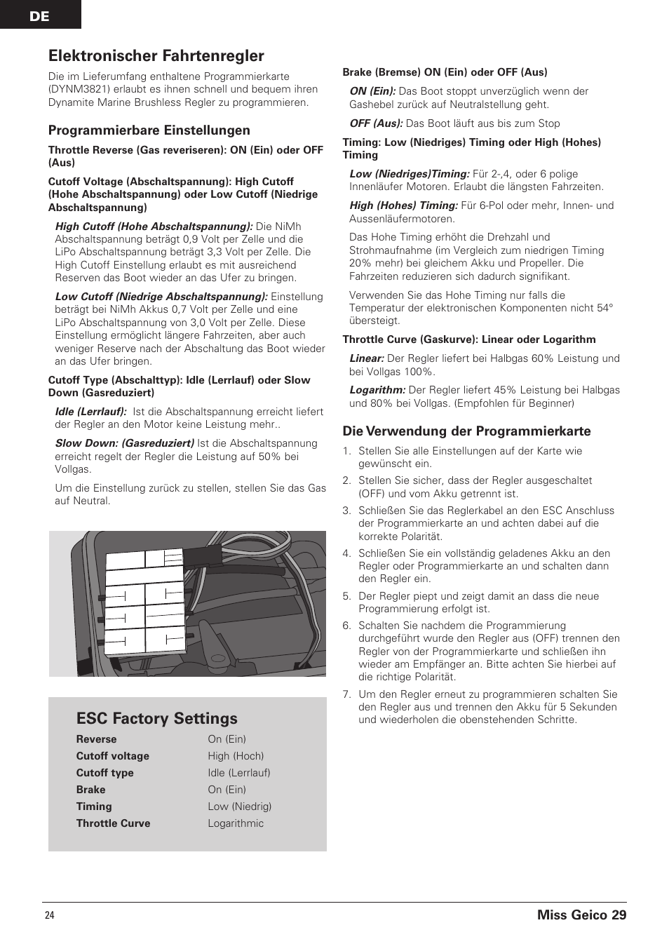 Elektronischer fahrtenregler, Esc factory settings, Miss geico 29 | Programmierbare einstellungen, Die verwendung der programmierkarte | Pro Boat PRB4100B User Manual | Page 24 / 60
