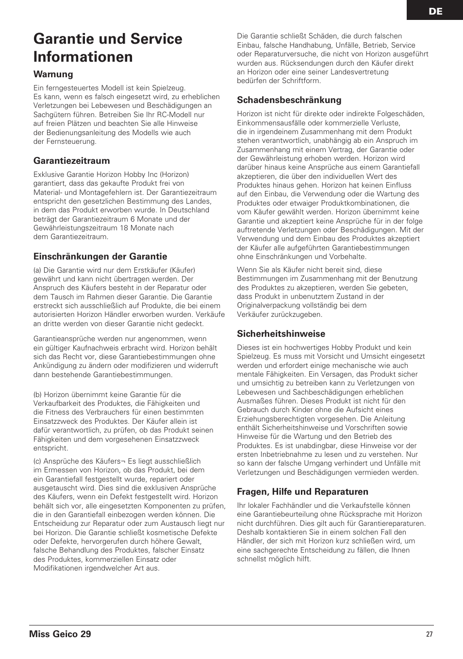 Garantie und service informationen, Miss geico 29, Warnung | Garantiezeitraum, Einschränkungen der garantie, Schadensbeschränkung, Sicherheitshinweise, Fragen, hilfe und reparaturen | Pro Boat PRB4100B User Manual | Page 27 / 60