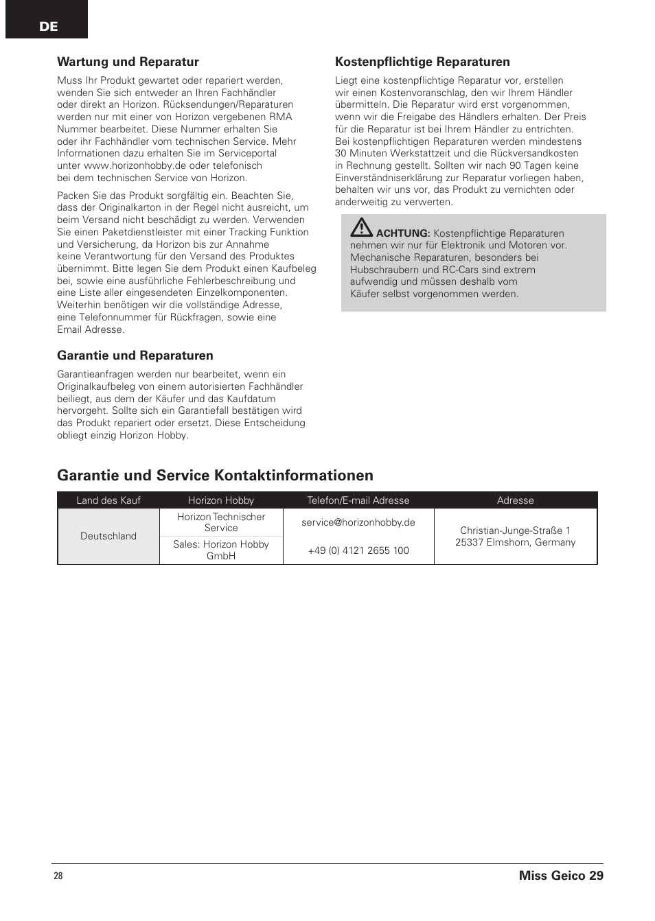 Garantie und service kontaktinformationen | Pro Boat PRB4100B User Manual | Page 28 / 60