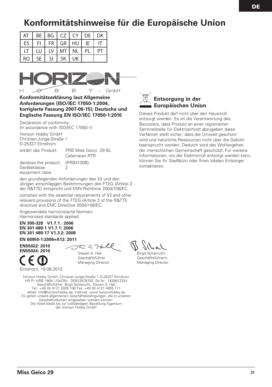 Konformitätshinweise für die europäische union, Miss geico 29, Entsorgung in der europäischen union | Pro Boat PRB4100B User Manual | Page 29 / 60
