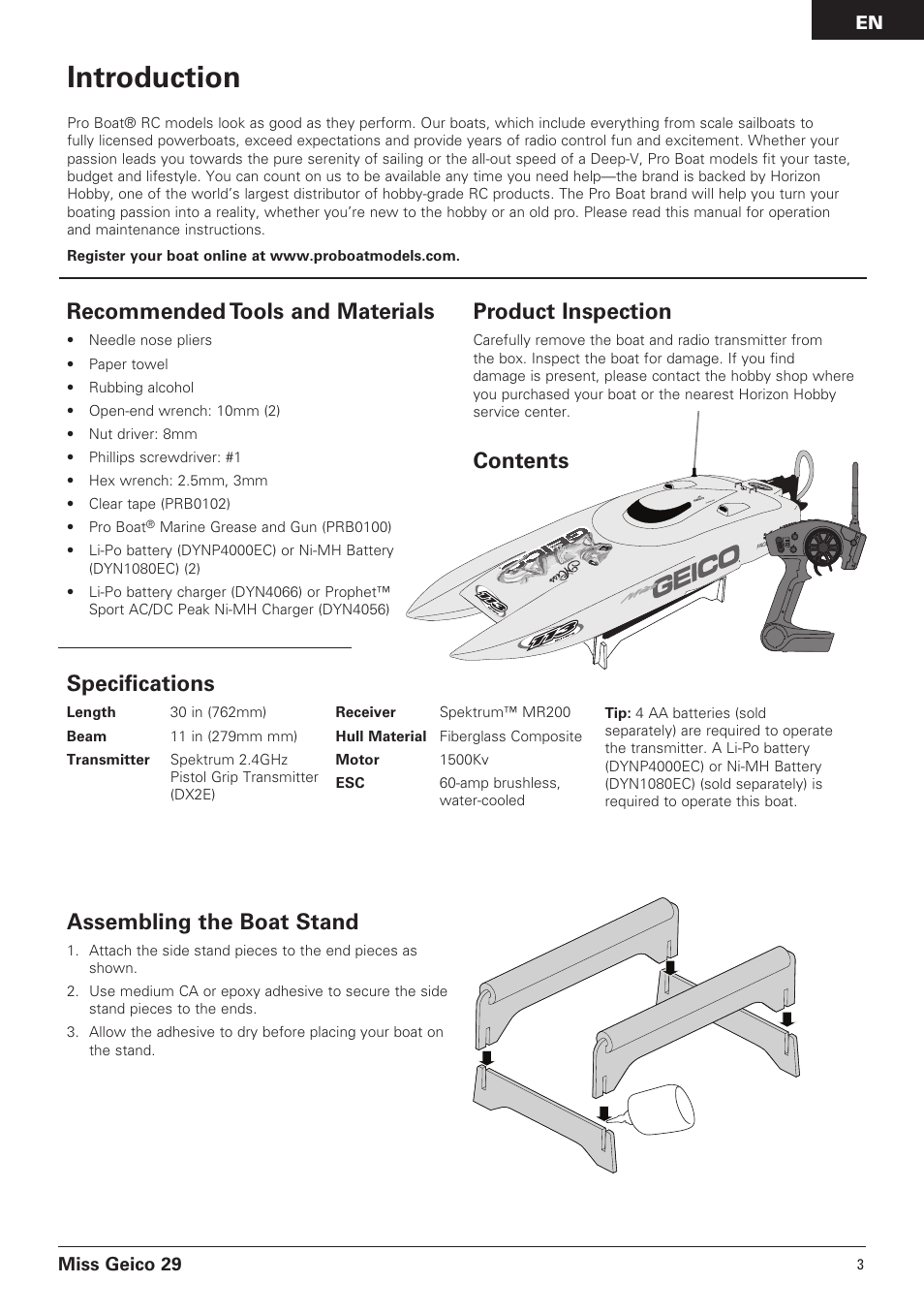 Introduction, Specifications, Recommended tools and materials | Product inspection, Contents assembling the boat stand | Pro Boat PRB4100B User Manual | Page 3 / 60