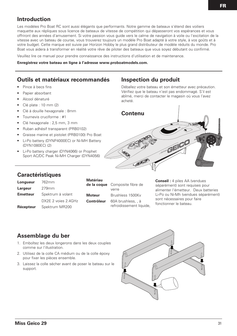 Introduction, Outils et matériaux recommandés, Inspection du produit | Contenu assemblage du ber, Caractéristiques | Pro Boat PRB4100B User Manual | Page 31 / 60