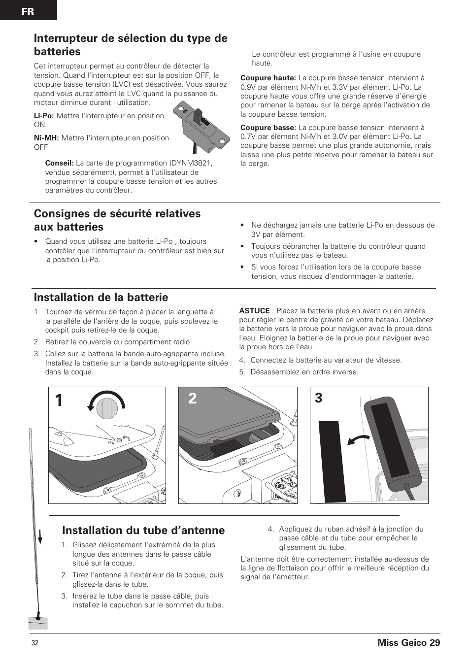 Installation de la batterie, Consignes de sécurité relatives aux batteries, Interrupteur de sélection du type de batteries | Installation du tube d’antenne | Pro Boat PRB4100B User Manual | Page 32 / 60