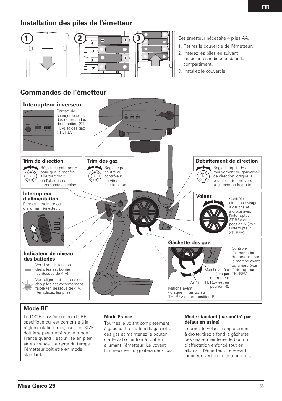 Commandes de l’émetteur, Installation des piles de l'émetteur, Miss geico 29 | Interrupteur inverseur, Mode rf, Trim des gaz, Interrupteur d’alimentation, Volant, Débattement de direction, Gâchette des gaz | Pro Boat PRB4100B User Manual | Page 33 / 60
