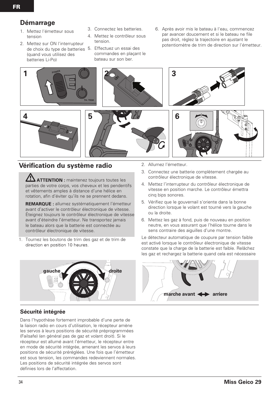 Vérification du système radio, Démarrage, Miss geico 29 sécurité intégrée | Pro Boat PRB4100B User Manual | Page 34 / 60