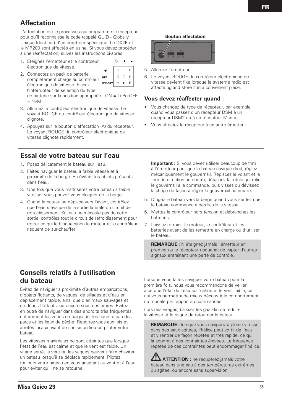 Essai de votre bateau sur l’eau, Conseils relatifs à l'utilisation du bateau, Affectation | Miss geico 29, Vous devez réaffecter quand | Pro Boat PRB4100B User Manual | Page 35 / 60