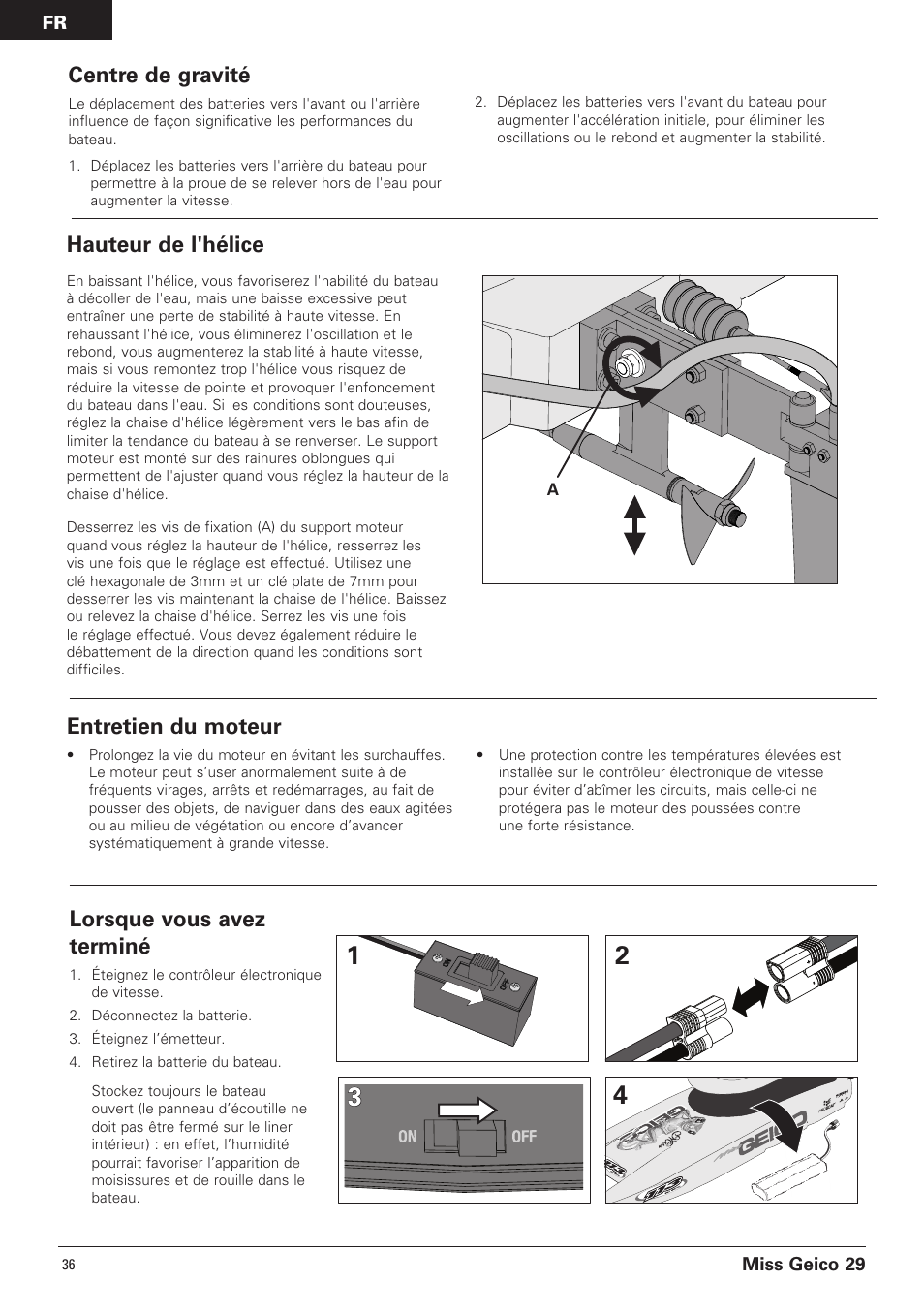 Centre de gravité, Hauteur de l'hélice, Entretien du moteur | Lorsque vous avez terminé | Pro Boat PRB4100B User Manual | Page 36 / 60
