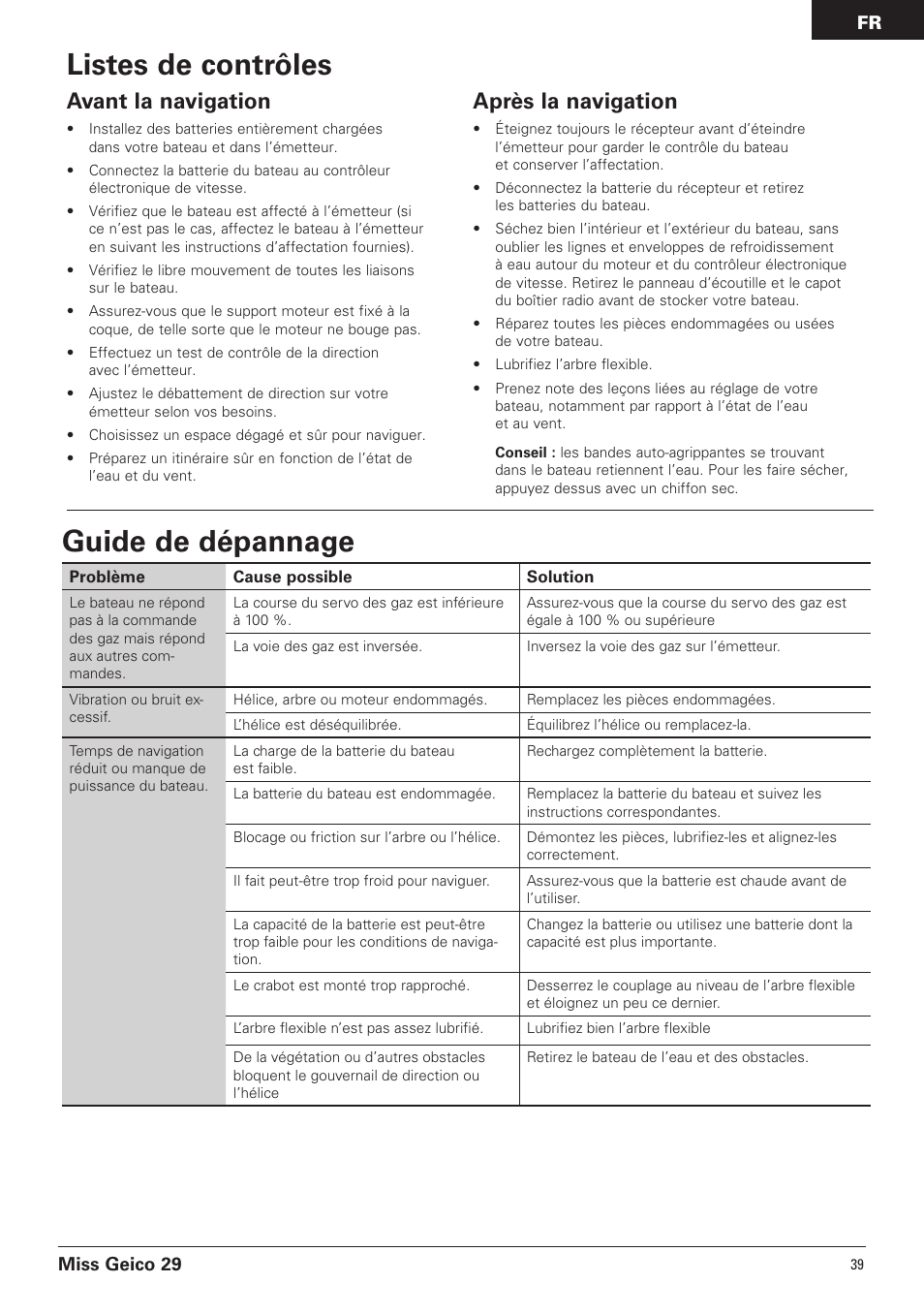 Listes de contrôles, Guide de dépannage, Avant la navigation | Après la navigation | Pro Boat PRB4100B User Manual | Page 39 / 60