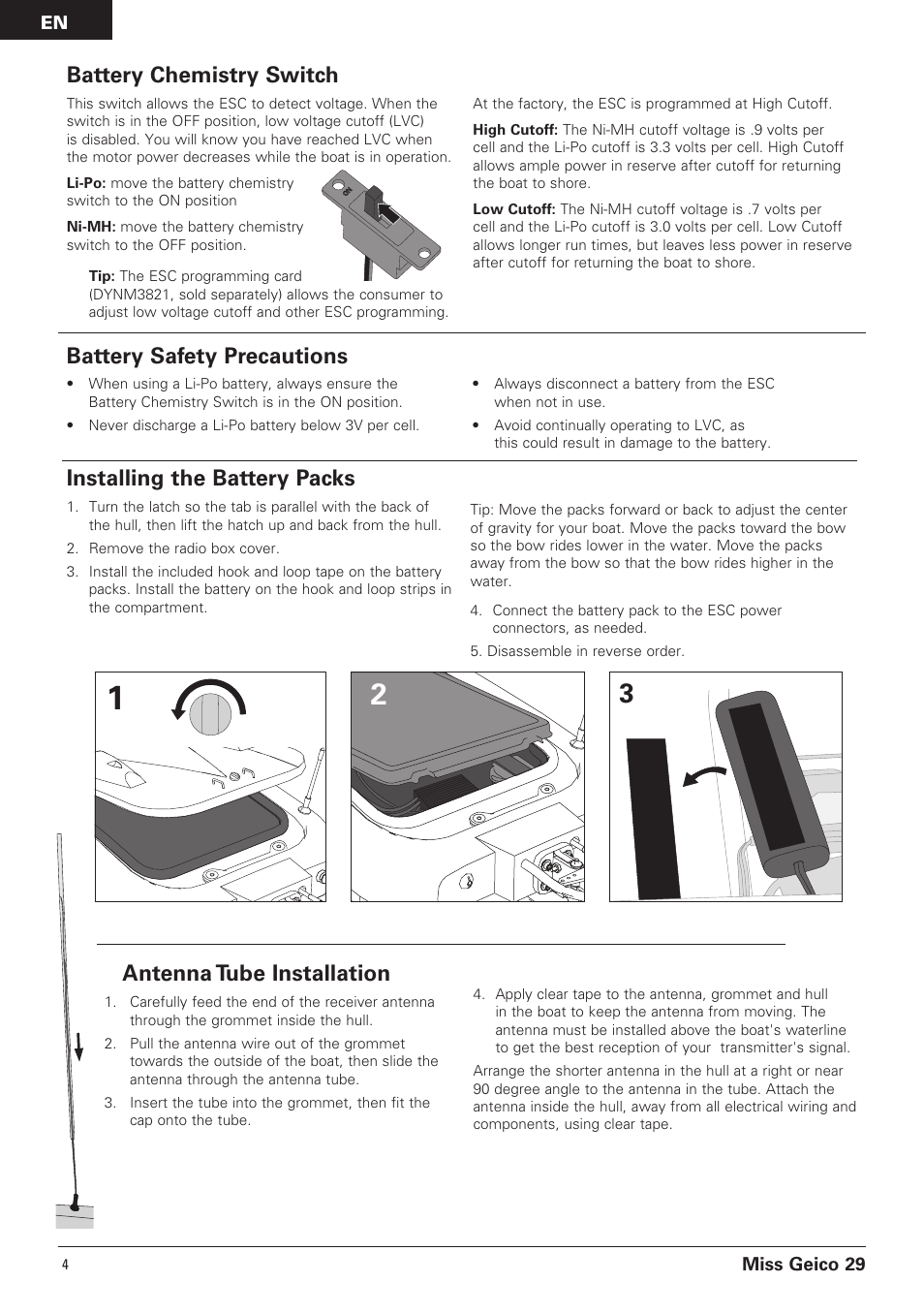 Installing the battery packs, Battery chemistry switch, Battery safety precautions | Antenna tube installation | Pro Boat PRB4100B User Manual | Page 4 / 60