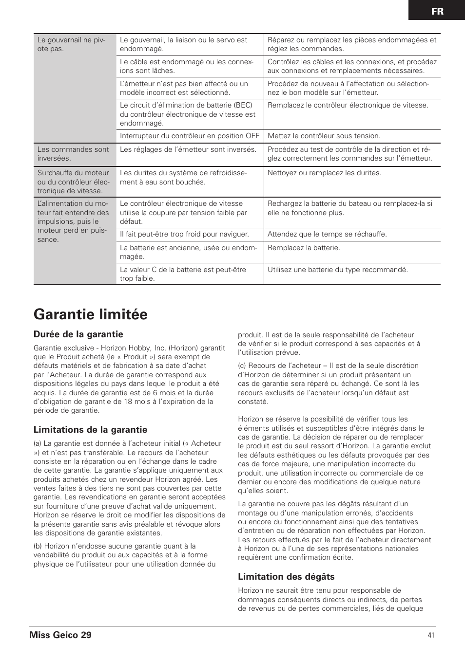 Garantie limitée, Miss geico 29, Durée de la garantie | Limitations de la garantie, Limitation des dégâts | Pro Boat PRB4100B User Manual | Page 41 / 60