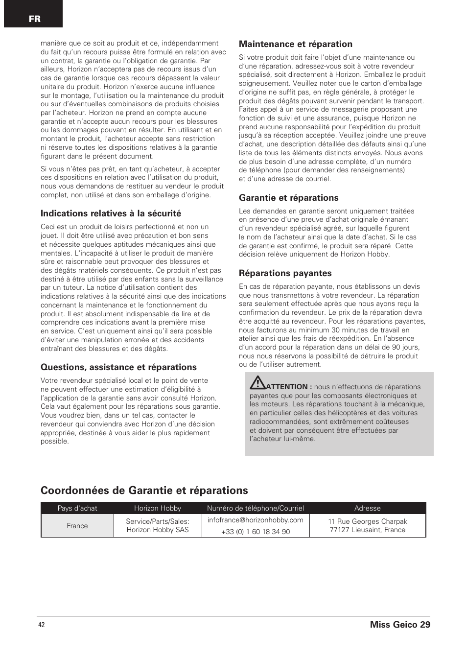 Coordonnées de garantie et réparations | Pro Boat PRB4100B User Manual | Page 42 / 60
