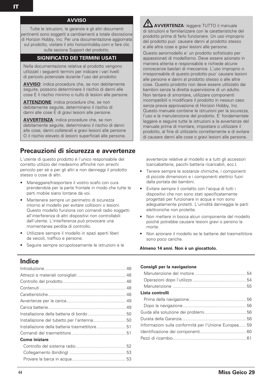Indice, Precauzioni di sicurezza e avvertenze, Miss geico 29 | Pro Boat PRB4100B User Manual | Page 44 / 60