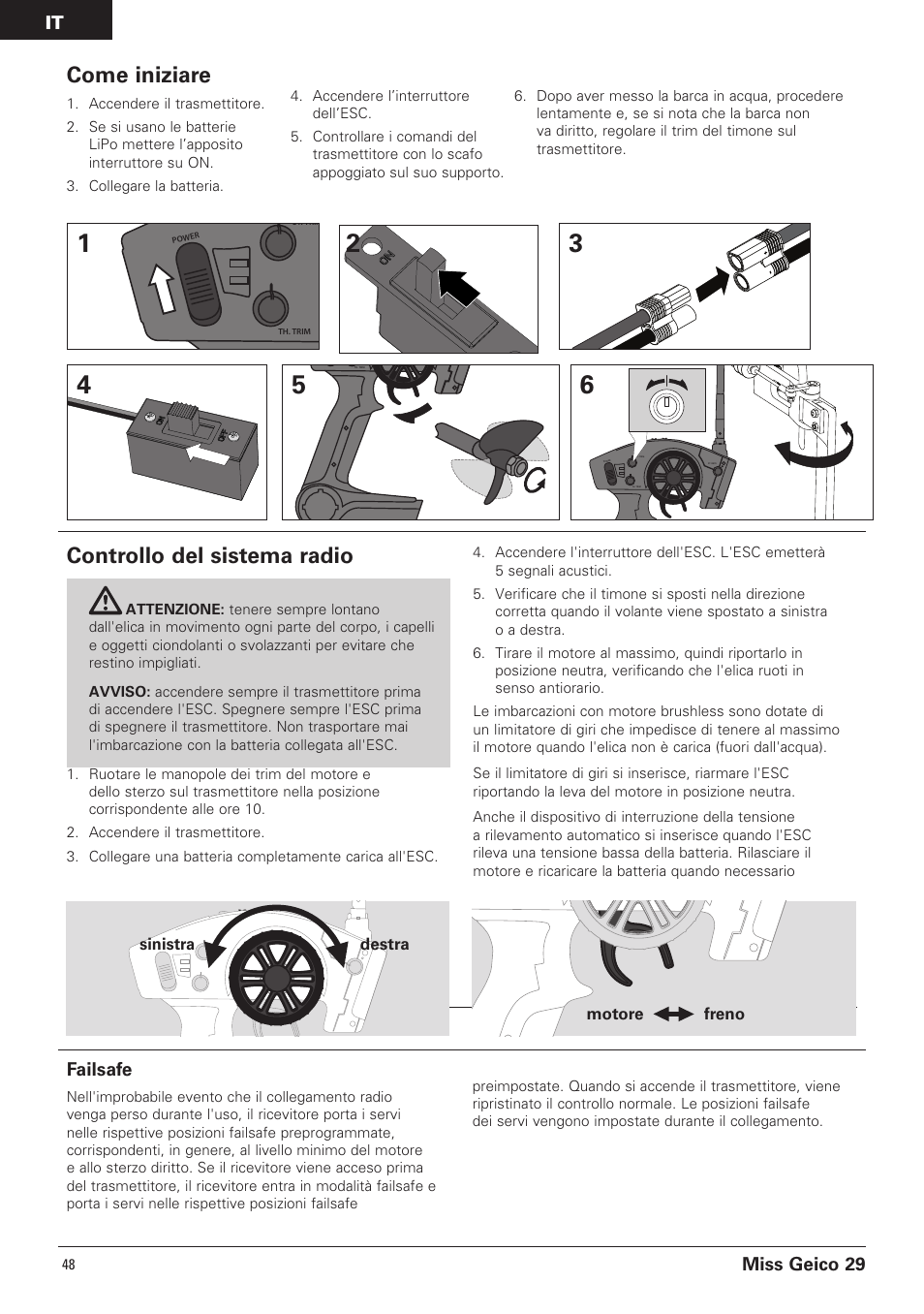 Come iniziare, Controllo del sistema radio, Miss geico 29 | Failsafe | Pro Boat PRB4100B User Manual | Page 48 / 60