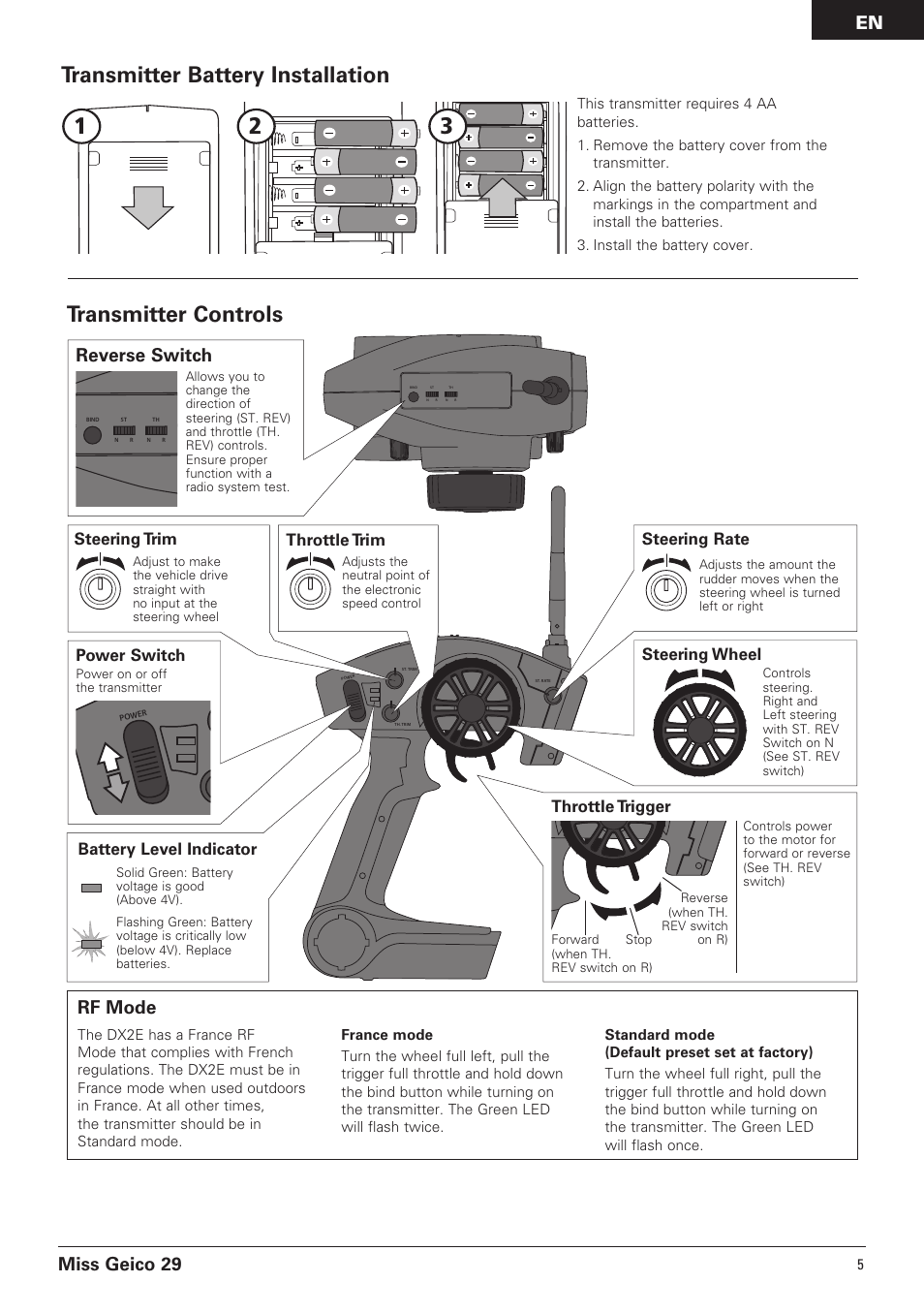 Transmitter controls, Transmitter battery installation, Miss geico 29 | Reverse switch, Rf mode, Throttle trim, Steering trim battery level indicator, Power switch, Steering wheel, Steering rate | Pro Boat PRB4100B User Manual | Page 5 / 60