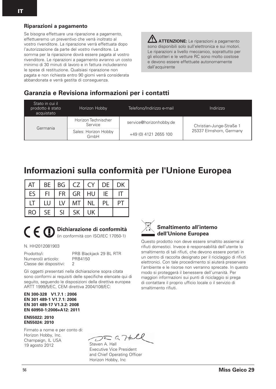 Informazioni sulla conformità per l'unione europea, Garanzia e revisiona informazioni per i contatti | Pro Boat PRB4100B User Manual | Page 56 / 60