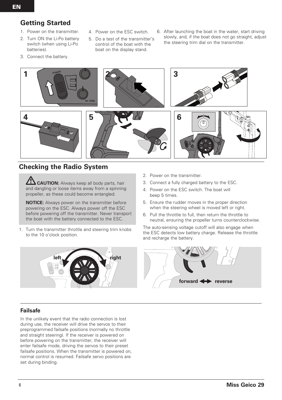 Checking the radio system, Getting started, Miss geico 29 failsafe | Pro Boat PRB4100B User Manual | Page 6 / 60