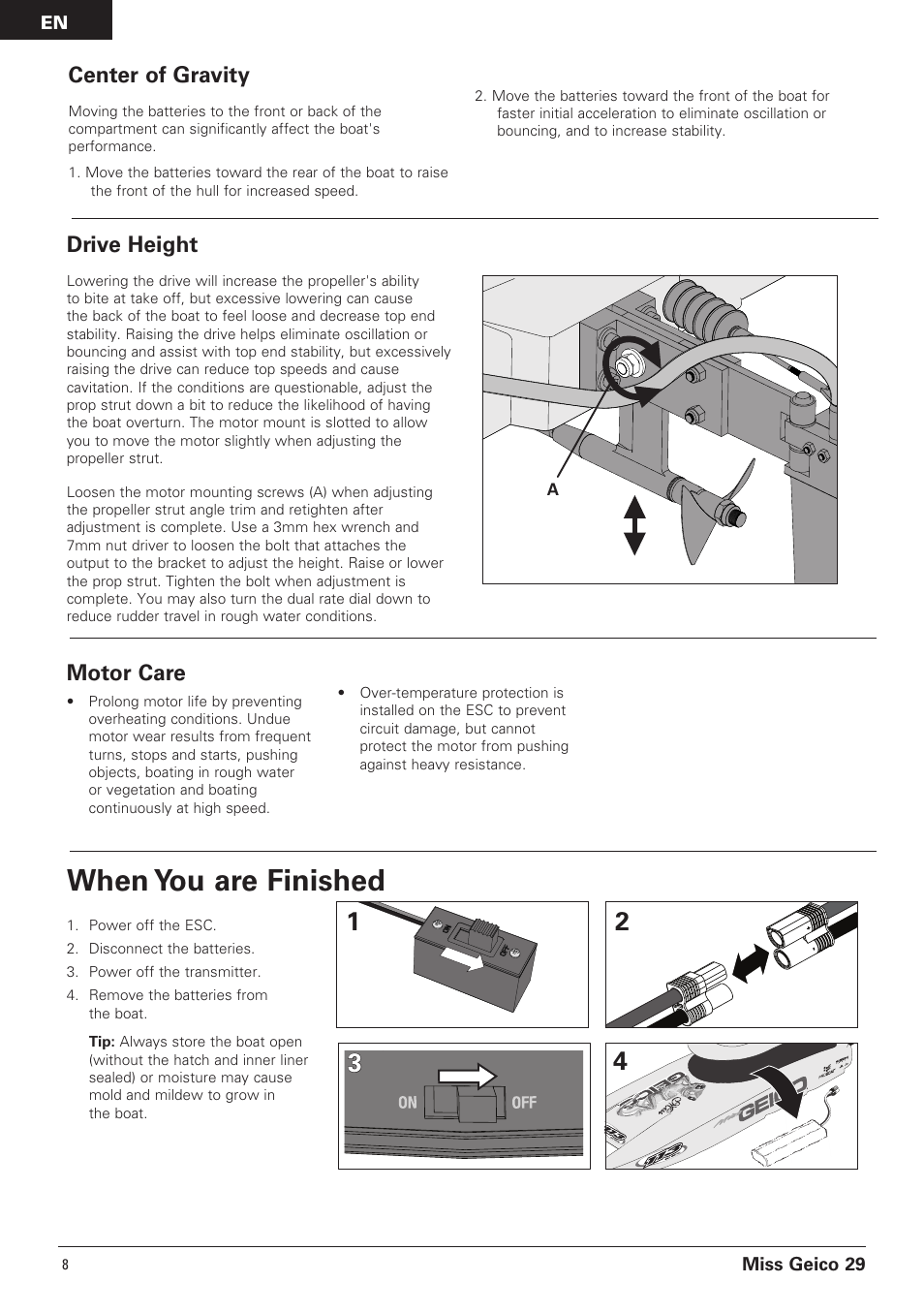When you are finished, Center of gravity, Drive height | Motor care | Pro Boat PRB4100B User Manual | Page 8 / 60