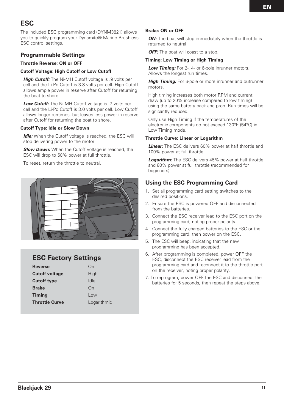 Esc factory settings, Blackjack 29, Programmable settings | Using the esc programming card | Pro Boat PRB4150 User Manual | Page 11 / 19