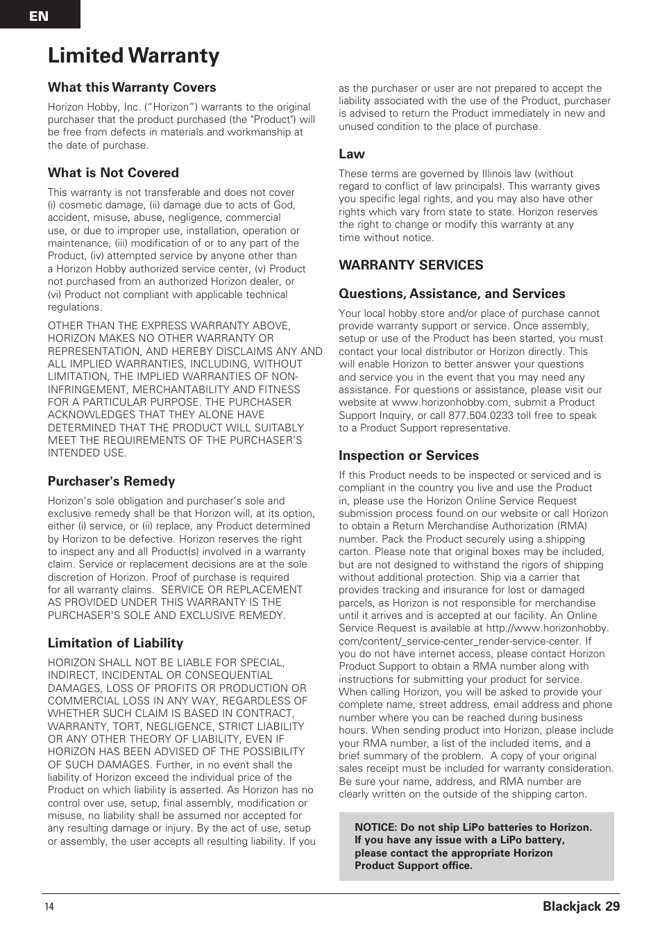 Limited warranty, Blackjack 29, What this warranty covers | What is not covered, Purchaser's remedy, Limitation of liability, Inspection or services | Pro Boat PRB4150 User Manual | Page 14 / 19