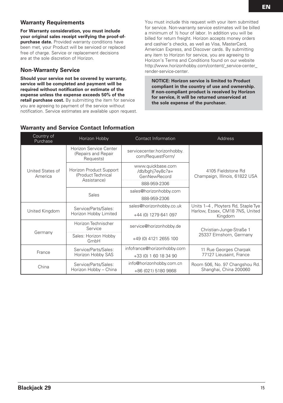 Blackjack 29 warranty requirements, Non-warranty service, Warranty and service contact information | Pro Boat PRB4150 User Manual | Page 15 / 19