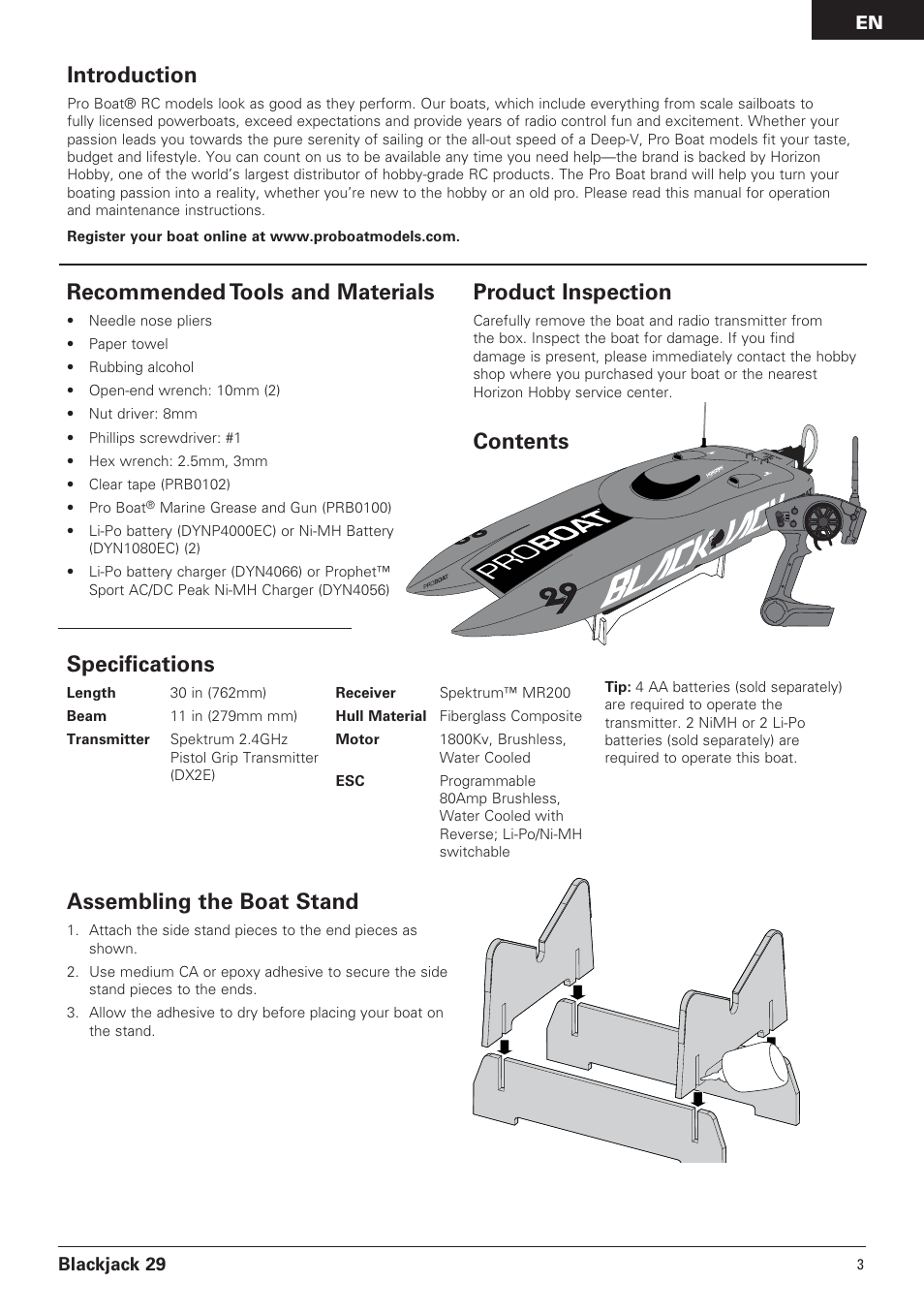 Introduction, Specifications, Recommended tools and materials | Product inspection, Contents assembling the boat stand | Pro Boat PRB4150 User Manual | Page 3 / 19