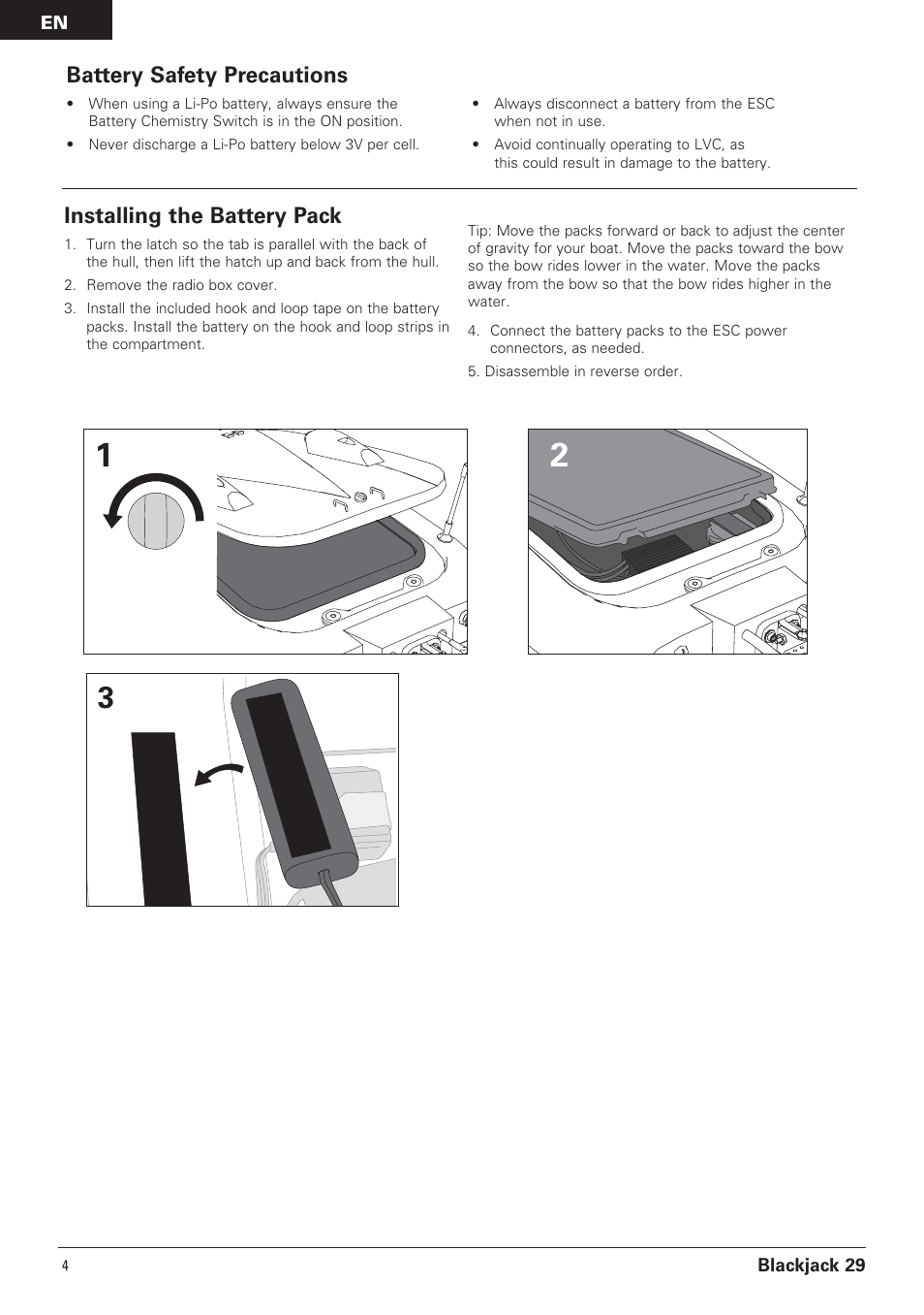 Installing the battery pack, Battery safety precautions | Pro Boat PRB4150 User Manual | Page 4 / 19