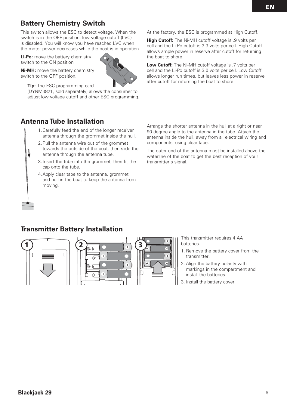 Battery chemistry switch, Transmitter battery installation, Antenna tube installation | Pro Boat PRB4150 User Manual | Page 5 / 19