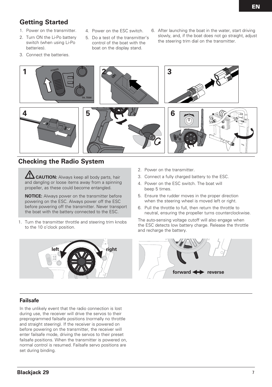 Checking the radio system, Getting started, Blackjack 29 failsafe | Pro Boat PRB4150 User Manual | Page 7 / 19