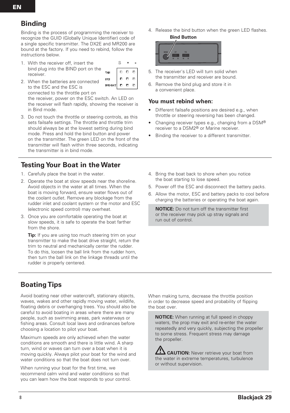 Testing your boat in the water, Boating tips, Binding | Blackjack 29, You must rebind when | Pro Boat PRB4150 User Manual | Page 8 / 19