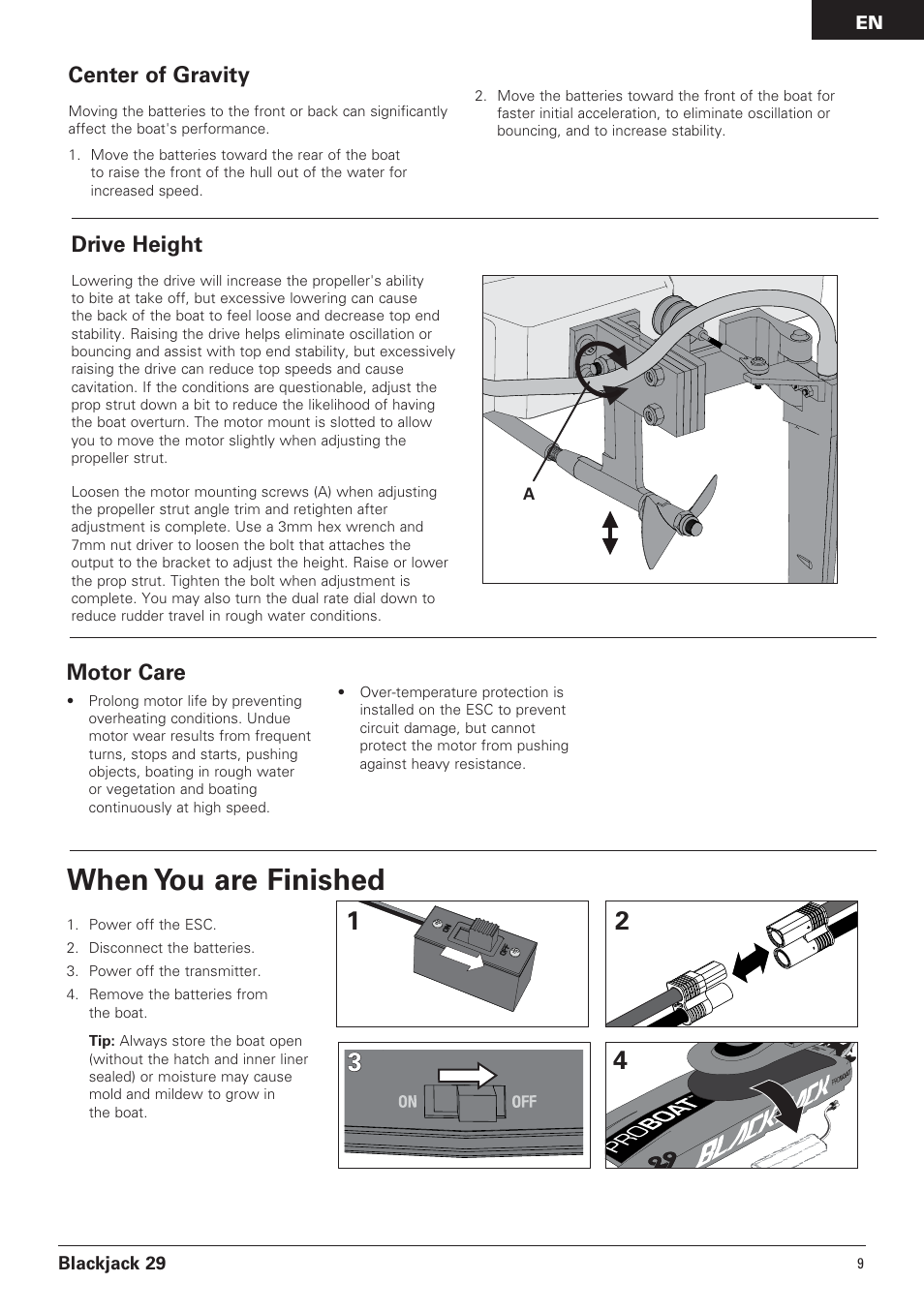 When you are finished, Center of gravity, Drive height | Motor care | Pro Boat PRB4150 User Manual | Page 9 / 19