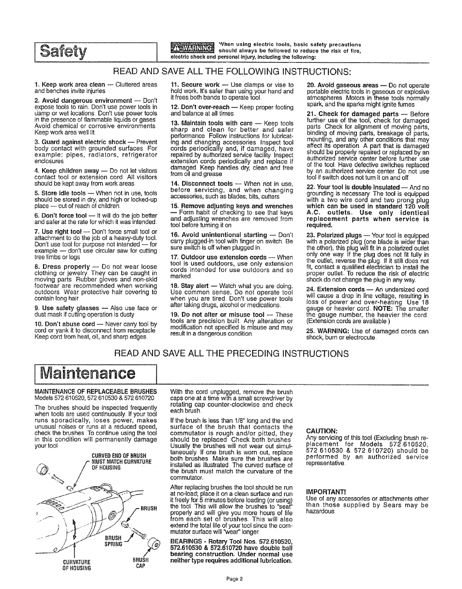 Read and save all the following instructions, Read and save all the preceding instructions | Craftsman 572.610530 User Manual | Page 2 / 12