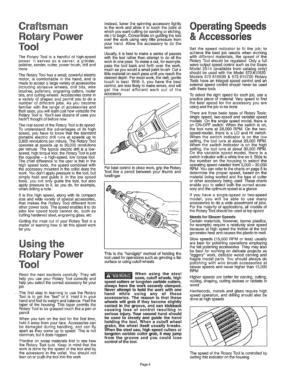 Rotary power too, Craftsman, Rotary power tool | Using the, Operating speeds & accessories | Craftsman 572.610530 User Manual | Page 4 / 12