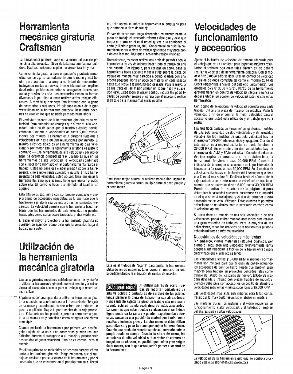 Funcionamiento y accesorios, Funcionamiento, Herramienta mecánica giratoria craftsman | Utilización de la herramienta mecánica giratoria, Velocidades de, Y accesorios | Craftsman 572.610530 User Manual | Page 9 / 12