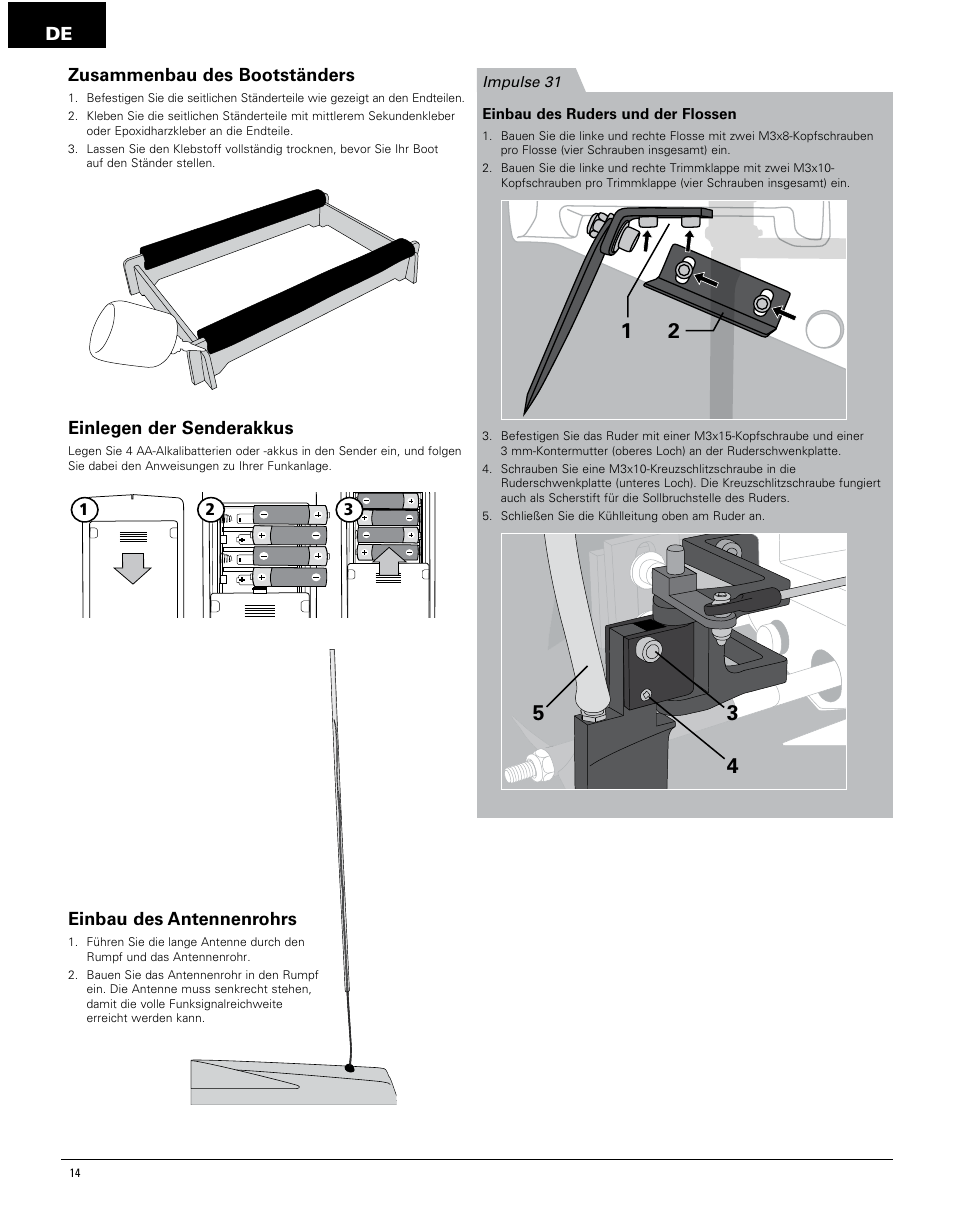 Einbau des antennenrohrs, Zusammenbau des bootständers, Einlegen der senderakkus | Pro Boat PRB4250 User Manual | Page 14 / 40
