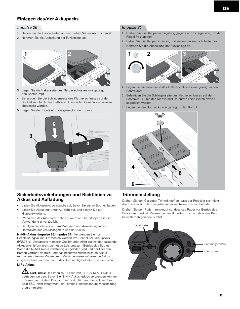 De einlegen des/der akkupacks, Trimmeinstellung | Pro Boat PRB4250 User Manual | Page 15 / 40