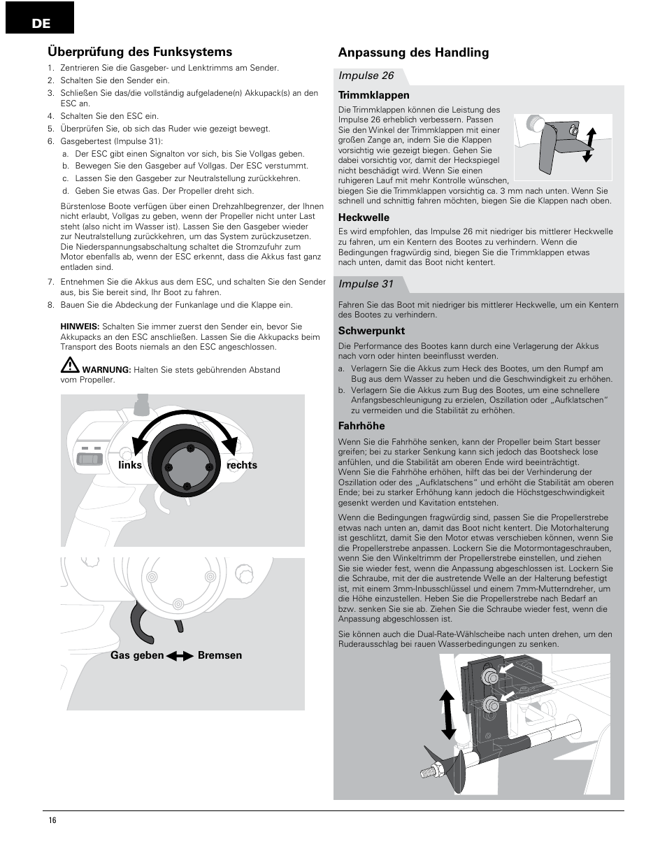 De anpassung des handling, Überprüfung des funksystems | Pro Boat PRB4250 User Manual | Page 16 / 40
