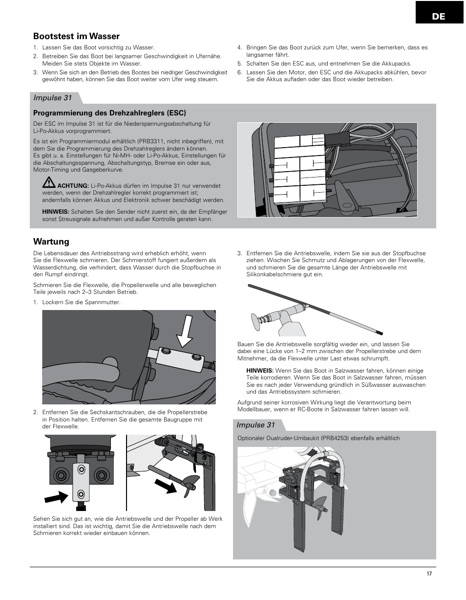 Bootstest im wasser, Wartung | Pro Boat PRB4250 User Manual | Page 17 / 40