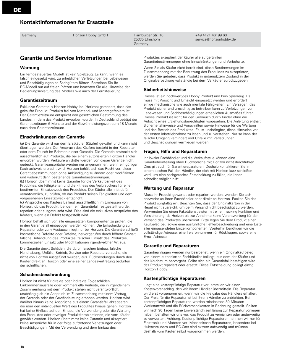 De garantie und service informationen, Kontaktinformationen für ersatzteile | Pro Boat PRB4250 User Manual | Page 18 / 40