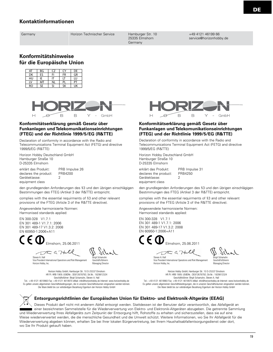 De konformitätshinweise für die europäische union, Kontaktinformationen | Pro Boat PRB4250 User Manual | Page 19 / 40