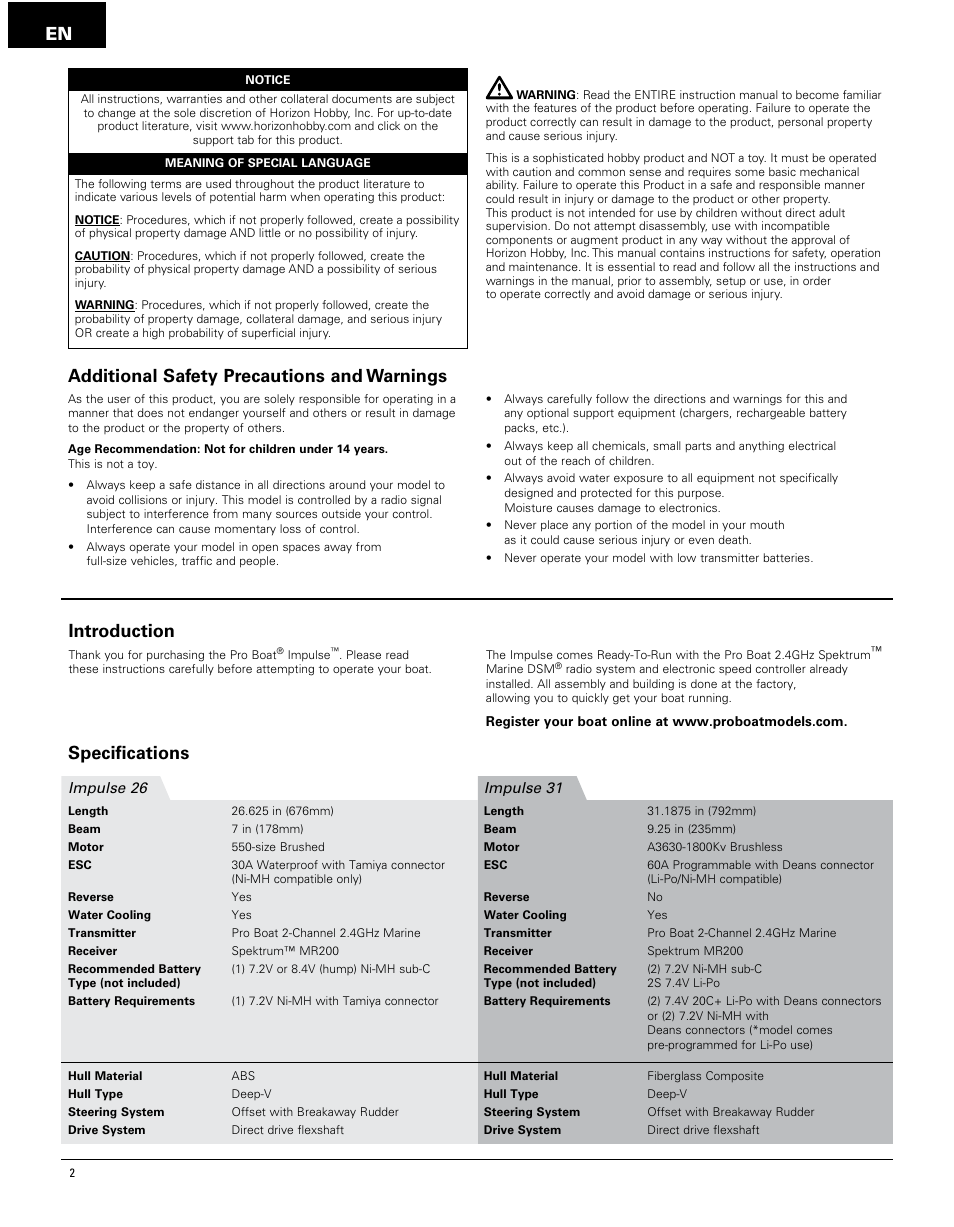 En additional safety precautions and warnings, Specifications, Introduction | Pro Boat PRB4250 User Manual | Page 2 / 40